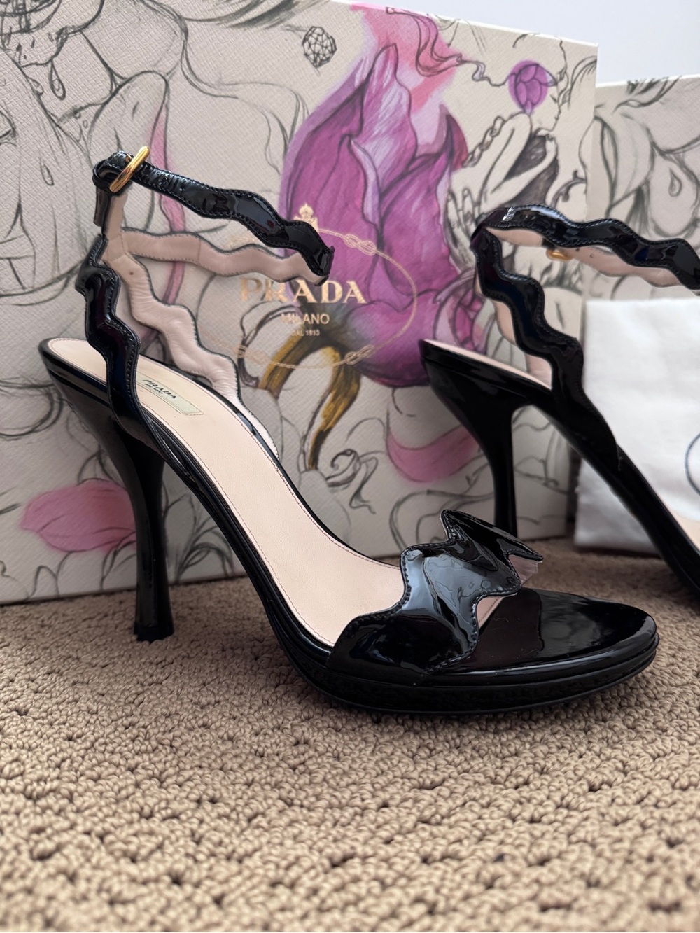 Prada Black Patent Wavy-Strap Stiletto Sandals